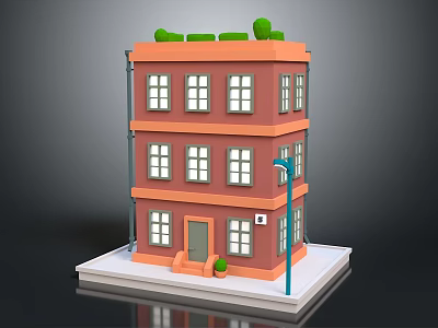 Cartoon Style Three Story Orange Building With Windows Roof Plants And Blue Street Lamp 3d model