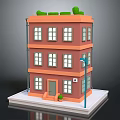 Cartoon Style Three Story Orange Building With Windows Roof Plants And Blue Street Lamp