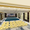 Elegant Conference Room Interior With Blue Screen Podium White Chairs And Chandelier