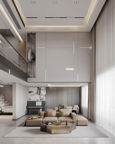 Modern Loft Living Room Design With Piano Sofa And Art Decor 3d model