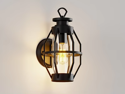 Black Metal Frame Wall Sconce With Transparent Glass Shade And Illuminated Bulb Mounted On Wall 3d model