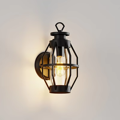 Black Metal Frame Wall Sconce With Transparent Glass Shade And Illuminated Bulb Mounted On Wall 3d model