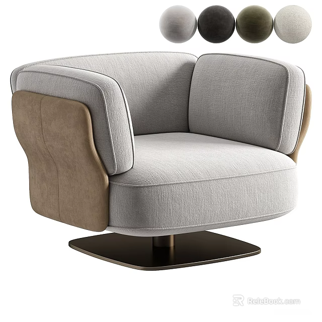 Modern Accent Chair With Gray Fabric And Brown Suede Armrests On Black Square Metal Base 3d model 