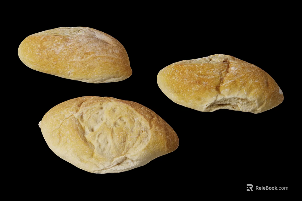 Three Freshly Baked Bread Loaves Isolated On Black Background 3d model 