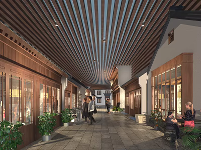 Charming Restaurant Corridor Space With Wooden Ceiling Glass Windows Green Plants And Walking People 3d model