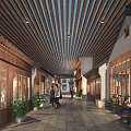 Charming Restaurant Corridor Space With Wooden Ceiling Glass Windows Green Plants And Walking People