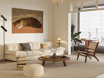 Modern Living Room Interior With Beige Sofa Wooden Coffee Table Decorative Painting And Area Rug 3d model