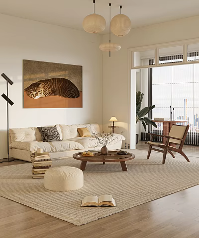 Modern Living Room Interior With Beige Sofa Wooden Coffee Table Decorative Painting And Area Rug 3d model