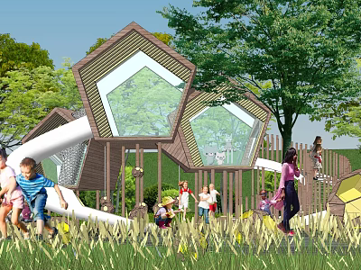 Outdoor Wooden Playground Equipment With Hexagonal Design Transparent Windows And Children Playing 3d model
