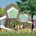 Outdoor Wooden Playground Equipment With Hexagonal Design Transparent Windows And Children Playing