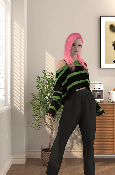 Fashion Live Stream with Pink Hair in Black Green Striped Top Black Pants and Plants 3d model