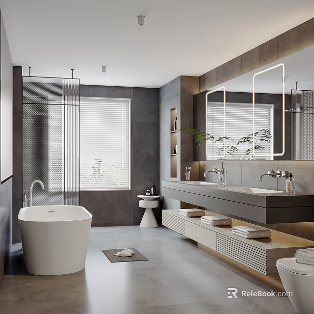 Modern Bathroom Interior With Bathtub Double Vanities And Mirrors 3d model 