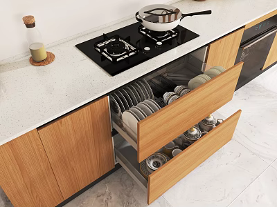 Modern Kitchen With Wooden Cabinets And Organized Dinnerware Set In Drawers 3d model