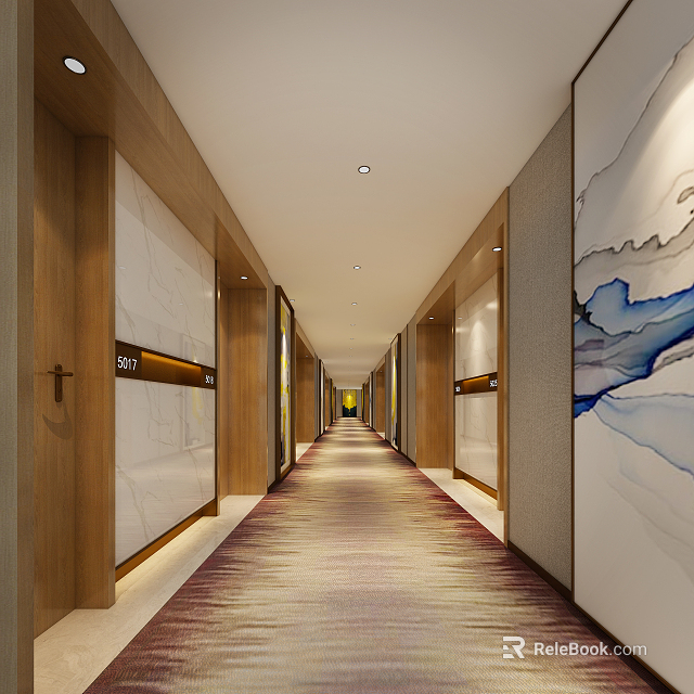 Hotel Corridor Interior With Wooden Panels Marble Walls And Ink Painting Decor 3d model 