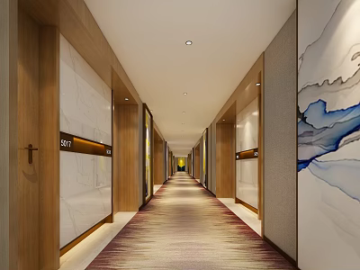 Hotel Corridor Interior With Wooden Panels Marble Walls And Ink Painting Decor 3d model