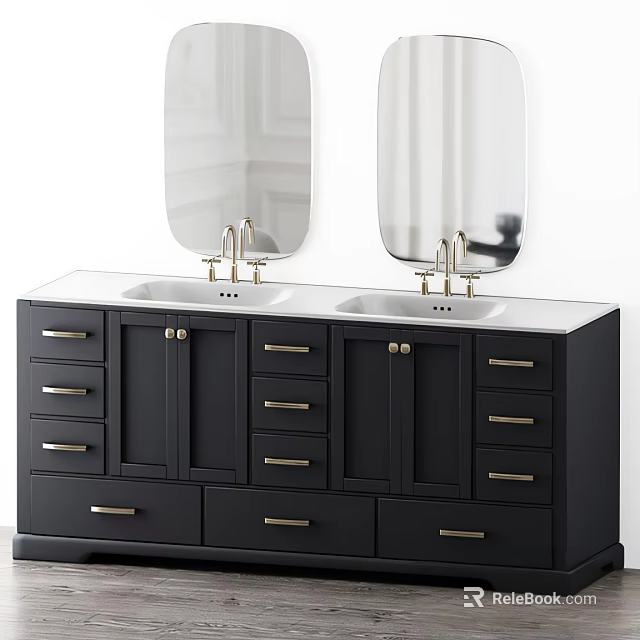 Modern Bathroom Vanity With Double Sinks Black Cabinetry Gold Handles And Mirrors 3d model 