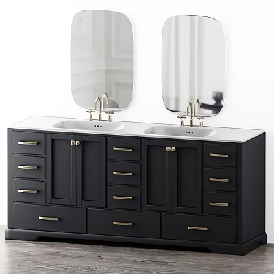 Modern Bathroom Vanity With Double Sinks Black Cabinetry Gold Handles And Mirrors 3d model