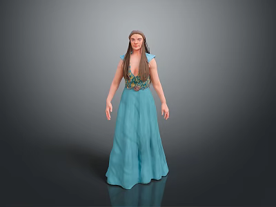 Woman With Long Hair Wearing Blue Dress Featuring Floral Pattern On Simple Gray Background 3d model