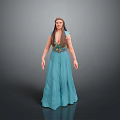 Woman With Long Hair Wearing Blue Dress Featuring Floral Pattern On Simple Gray Background