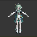 3D Anime Fantasy Character Model With Green Hair Teal Cloak And Decorative Outfit