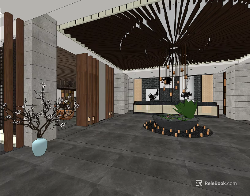 Modern Hotel Lobby With Wooden Ceiling Chandelier Front Desk And Green Plant Decor 3d model 