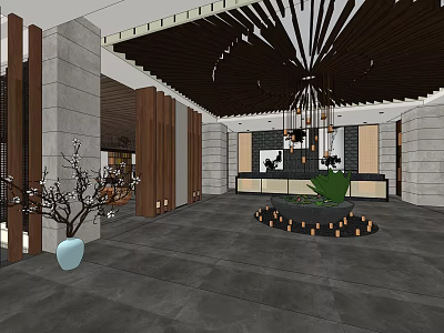Modern Hotel Lobby With Wooden Ceiling Chandelier Front Desk And Green Plant Decor 3d model