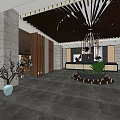 Modern Hotel Lobby With Wooden Ceiling Chandelier Front Desk And Green Plant Decor