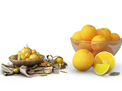 Ceramic Bowls Displaying Fresh Oranges And Small Citrus Fruits On Kitchen Tabletop 3d model