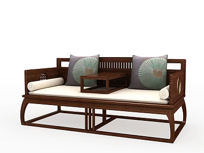 Traditional Chinese Wooden Daybed With Decorative Cushions And Small Center Table 3d model