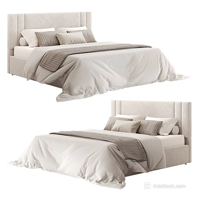 Elegant Modern Double Bed With Soft Bedding Plush Pillows And Upholstered Headboard 3d model