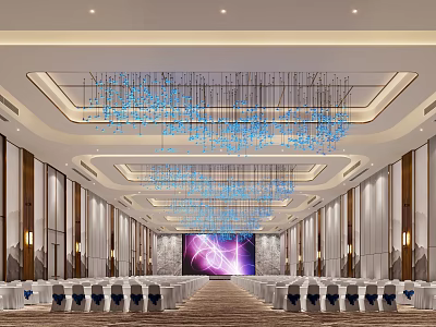 Modern Spacious Banquet Hall Interior With Blue Chandeliers White Tables And Purple Backdrop Screen 3d model