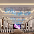 Modern Spacious Banquet Hall Interior With Blue Chandeliers White Tables And Purple Backdrop Screen
