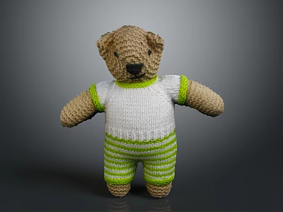 Knitted Teddy Bear Stuffed Animal Wearing White Sweater And Green Striped Pants 3d model