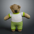 Knitted Teddy Bear Stuffed Animal Wearing White Sweater And Green Striped Pants