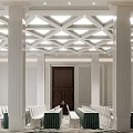 Elegant Conference Room Interior With Geometric Ceiling White Columns Long Tables And White Chairs