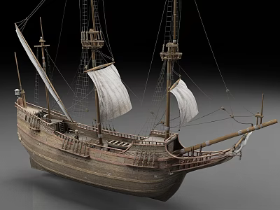 Vintage Style Wooden Sailing Ship With White Sails And Masts 3d model