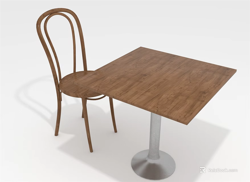 Dining Table Set With Square Wooden Tabletop Metal Base And Curved Wooden Chair 3d model 