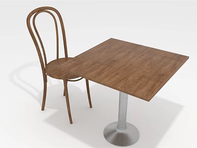 Dining Table Set With Square Wooden Tabletop Metal Base And Curved Wooden Chair 3d model