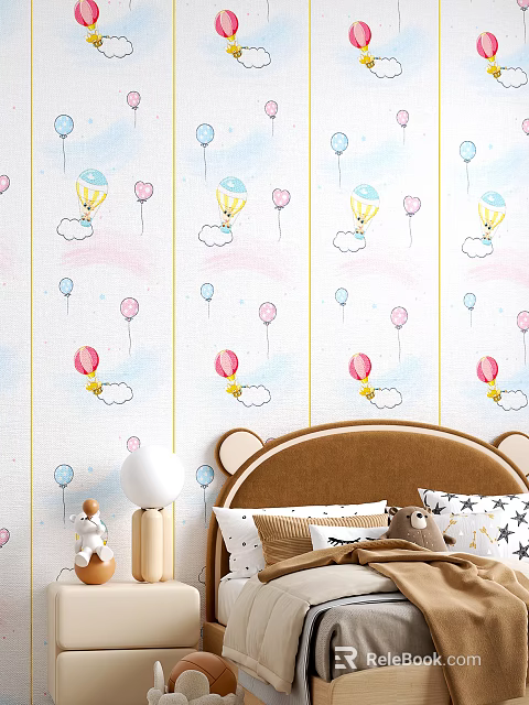 Colorful Balloon Cloud Wallpaper Bedroom With Brown Headboard White Lamp And Decorative Pillows 3d model 
