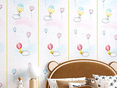 Colorful Balloon Cloud Wallpaper Bedroom With Brown Headboard White Lamp And Decorative Pillows 3d model