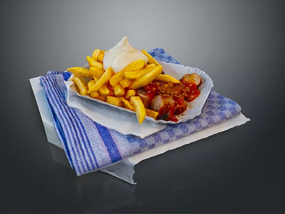 Crispy Golden Fries With Sausages And White Sauce Served On Blue White Striped Paper Tray 3d model