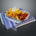 Crispy Golden Fries With Sausages And White Sauce Served On Blue White Striped Paper Tray