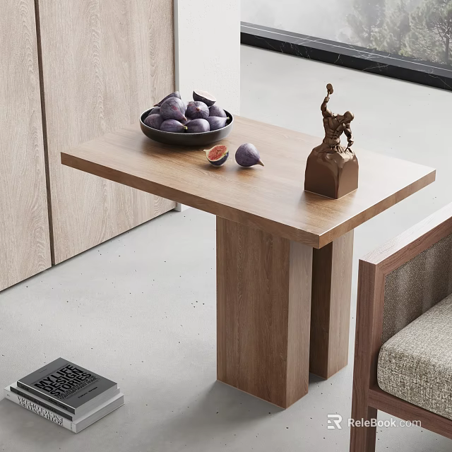 Wooden Side Table with Bowl of Figs Sliced Figs and Metal Sculpture Decor 3d model 