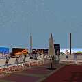 Vibrant Commercial Street With Decorative String Lights Folding Chairs And Outdoor Umbrellas Under Evening Sky