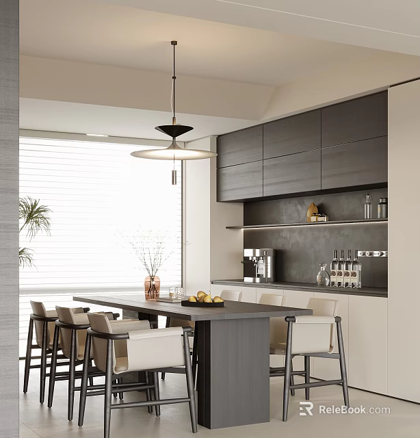 Modern Restaurant Interior Design With Long Dining Table Grey Cabinets Pendant Light And Window Blinds 3d model 