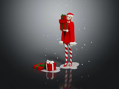 Christmas Elf In Red Outfit Holding Gift With Surrounding Gift Boxes And Snowflakes 3d model
