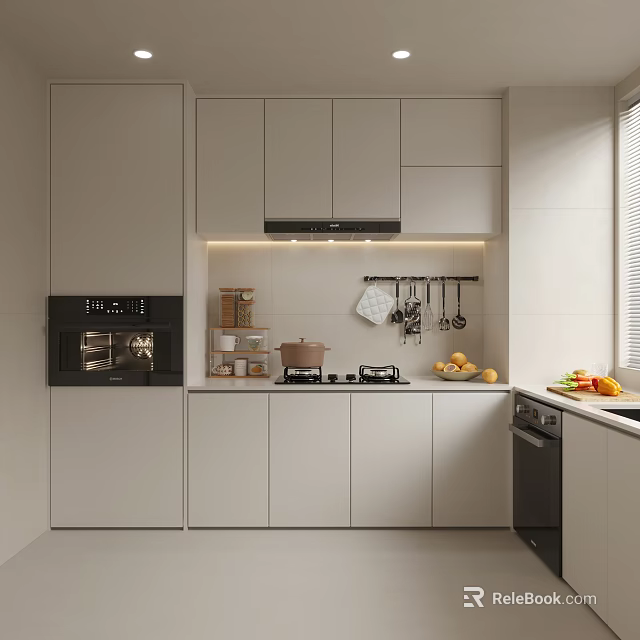 Modern Kitchen Interior Design With White Cabinets Black Oven Stove Range Hood And Fresh Fruits 3d model 