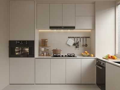 Modern Kitchen Interior Design With White Cabinets Black Oven Stove Range Hood And Fresh Fruits 3d model