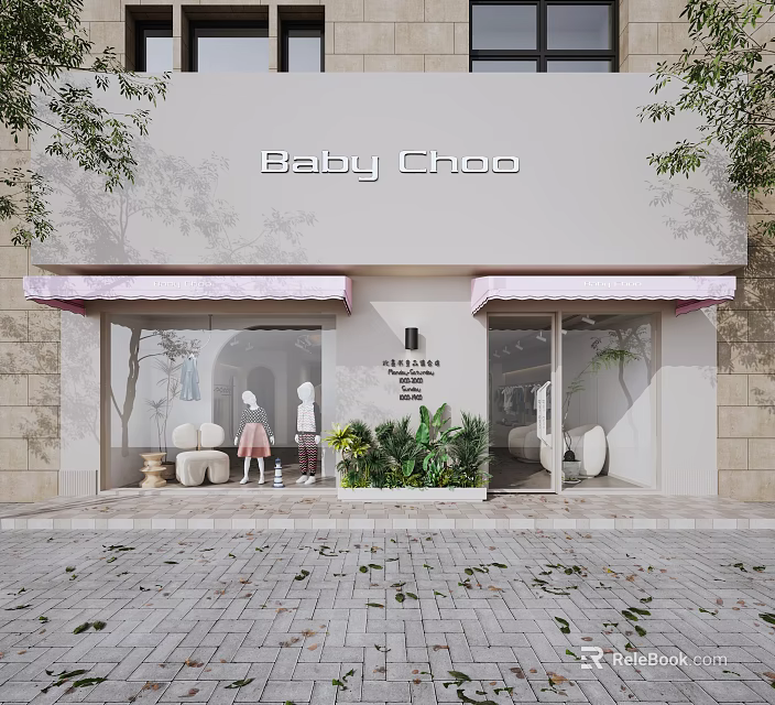 Baby Choo Storefront With Pink Awnings Children's Clothing Mannequins Green Plants And Brick Pavement 3d model 