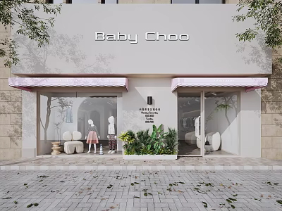 Baby Choo Storefront With Pink Awnings Children's Clothing Mannequins Green Plants And Brick Pavement 3d model